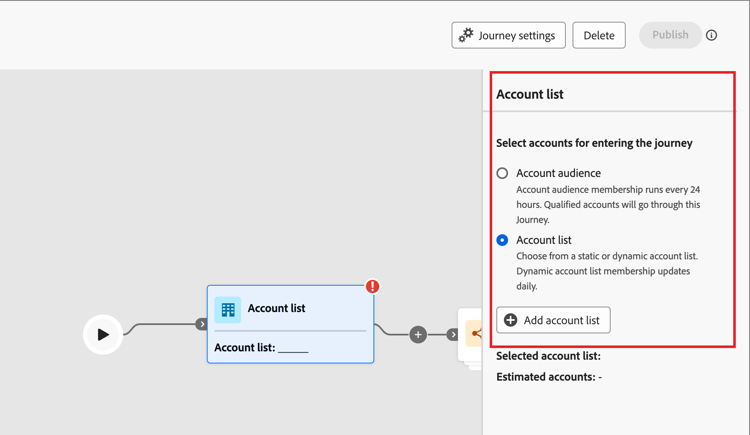 Select account list option for account audience node