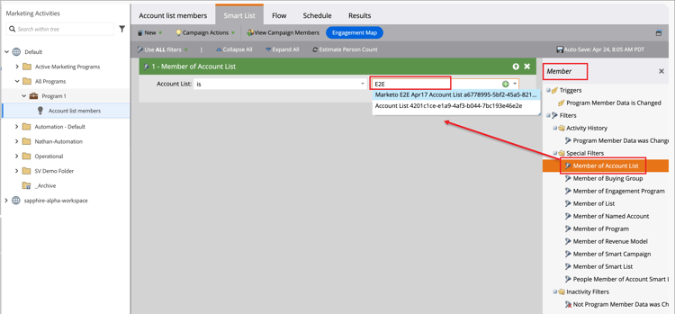 Marketo Engage smart list filter for account list membership