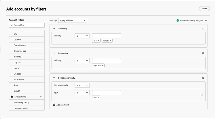 Add filters to populate the account list