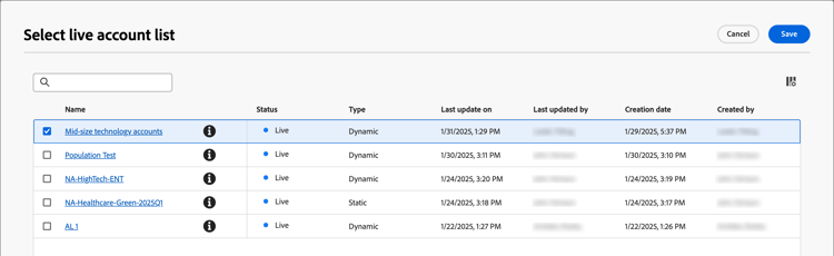 Select account list option for account audience node