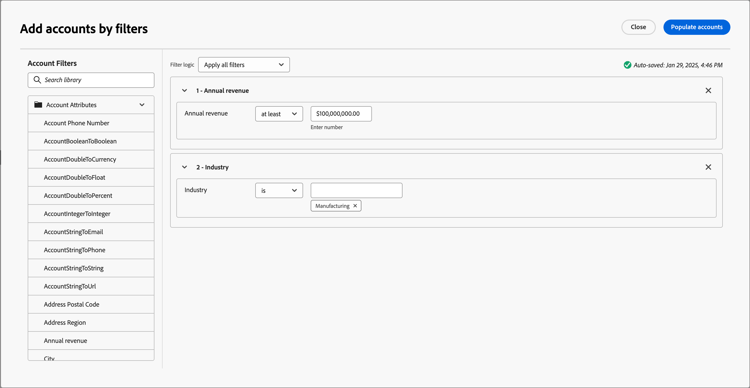 Add filters to populate the account list