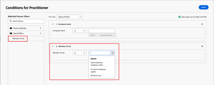 Roles template condition for Marketo Engage list membership