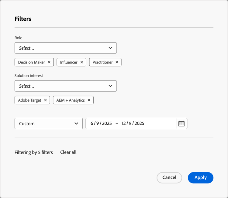 Filters dialog for Roles Insights