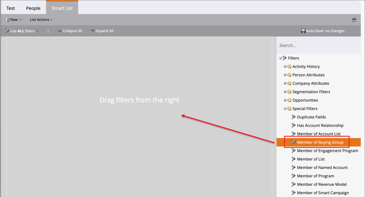 Add the Member of Buying Group filter to the Smart List