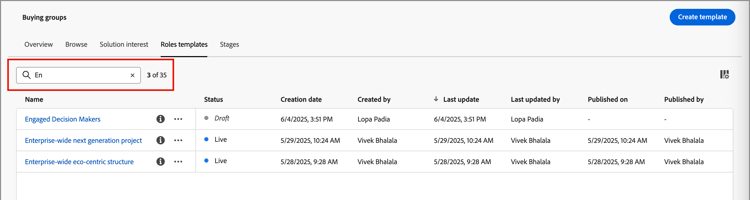 Roles Templates filtering by search string