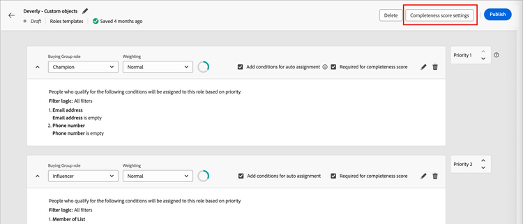 Roles template - completeness score settings button