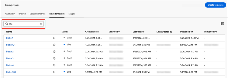 Roles Templates filtering by search string