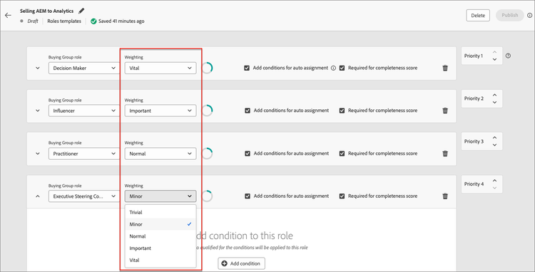 Set weighting to each role in the roles template