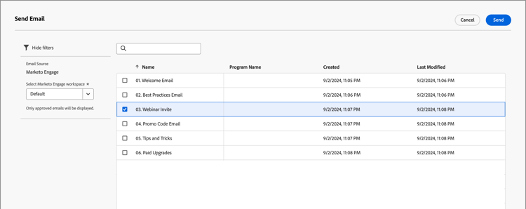 Select an email to send to buying group members