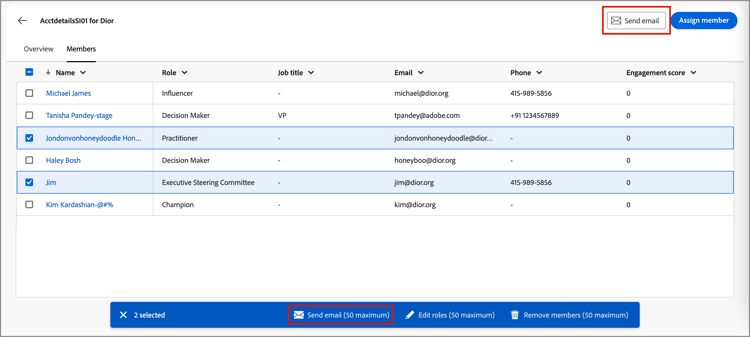 Members tab - send email