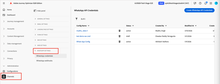 Administration > Channels with the WhatsApp Settings expanded
