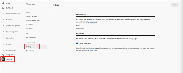 Landing page settings
