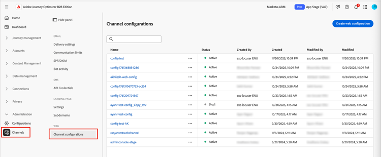 Access the web channel configurations