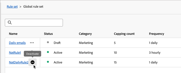 Click the Deactivate icon for an active communication limits rule