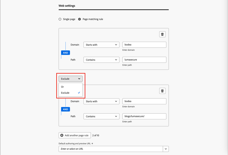 Pages matching rules with exclusion