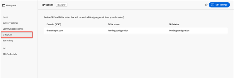 Access the SPF/DKIM configuration