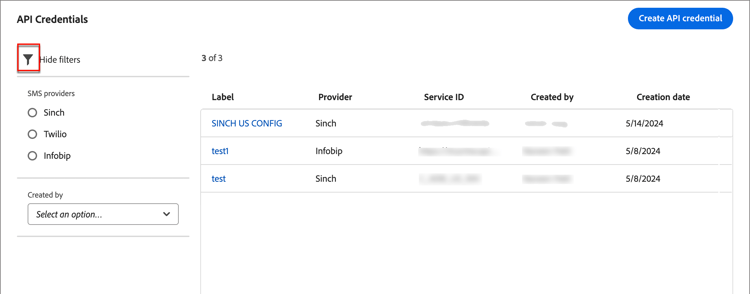 Click the Filter icon to refine the list of API credentials