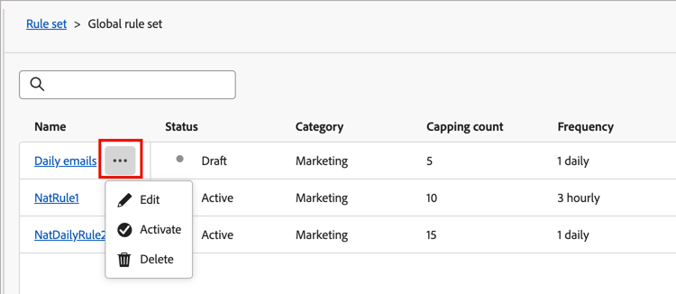 Click the More menu for a draft communication limits rule