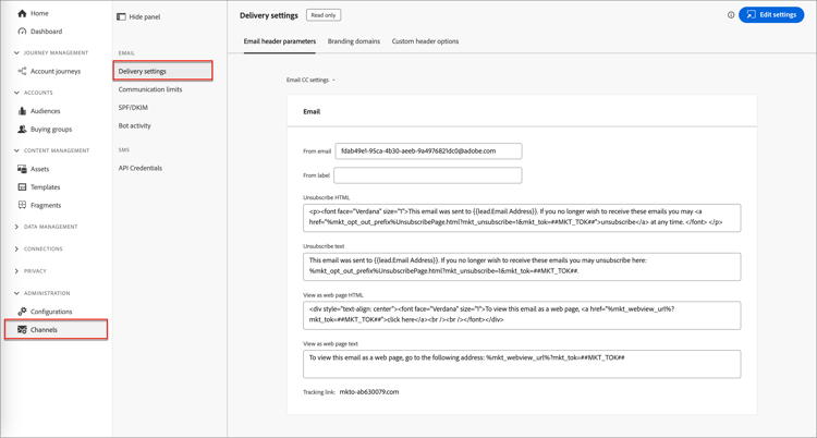 Access the email delivery settings