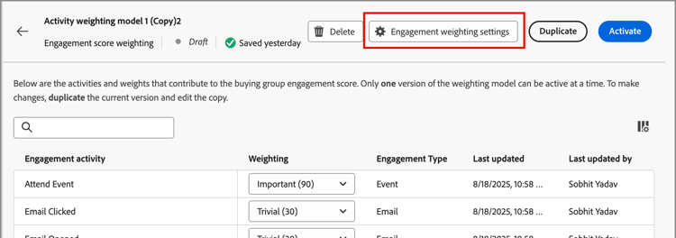 Access engagement weight settings