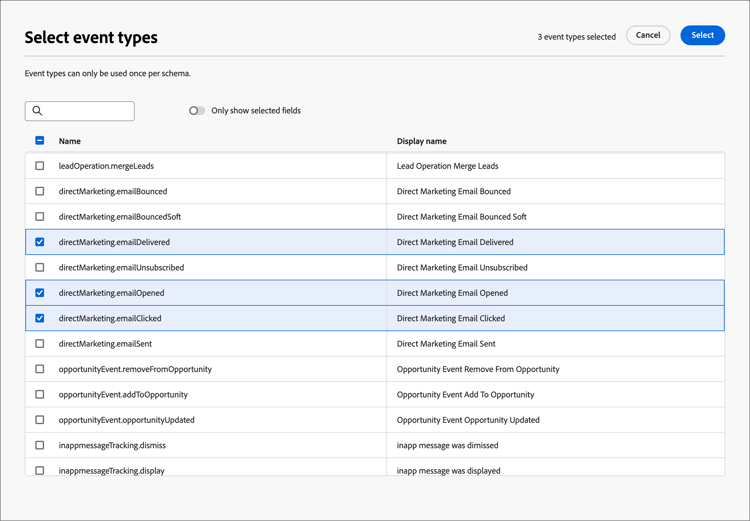 Select the event types for the event definition