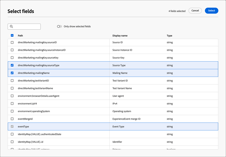 Select the fields for the event definition