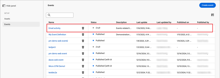 The new draft event definition is listed on the page