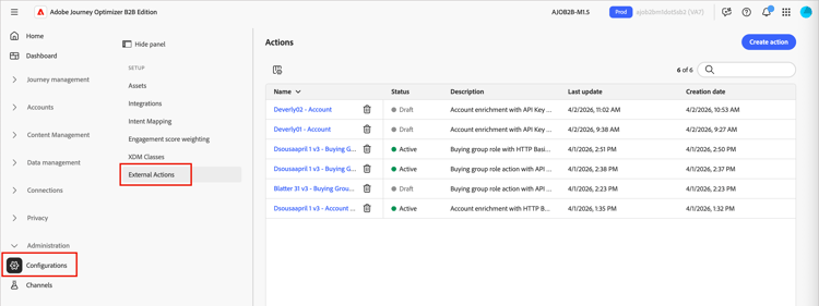 Access the External Actions configuration space
