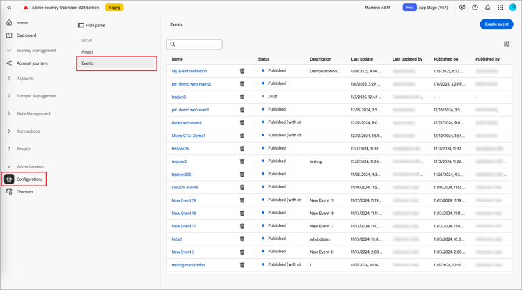 Access the configured event definitions