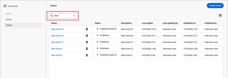 Filter the displayed event definitions