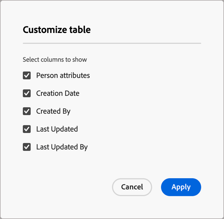 Columns to display in the persona mapping list