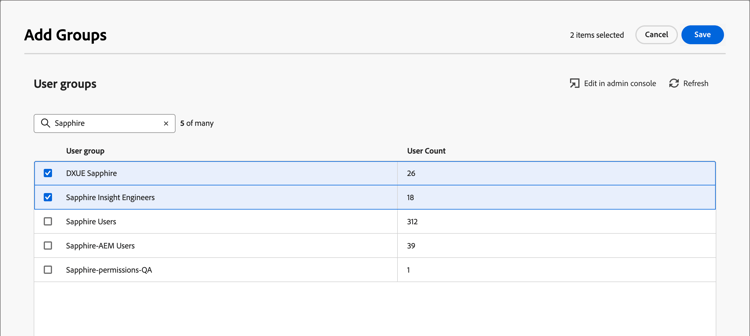 Experience Platform - Add groups dialog