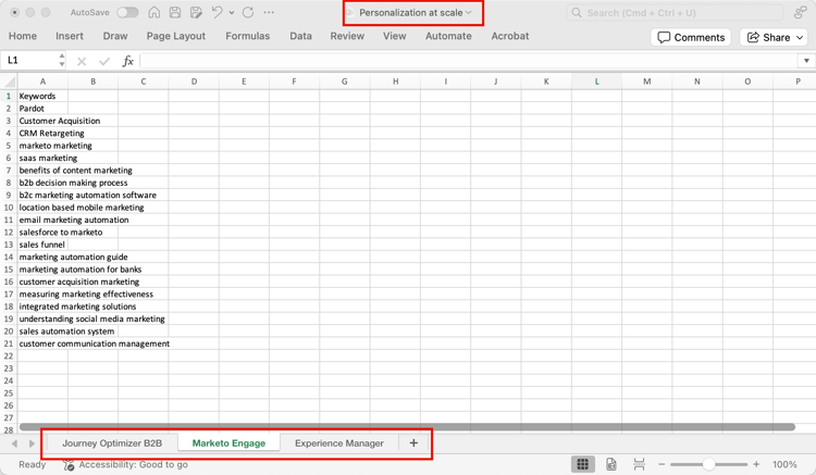 Category spreadsheet