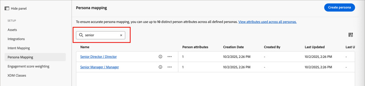 Filter the displayed persona mappings