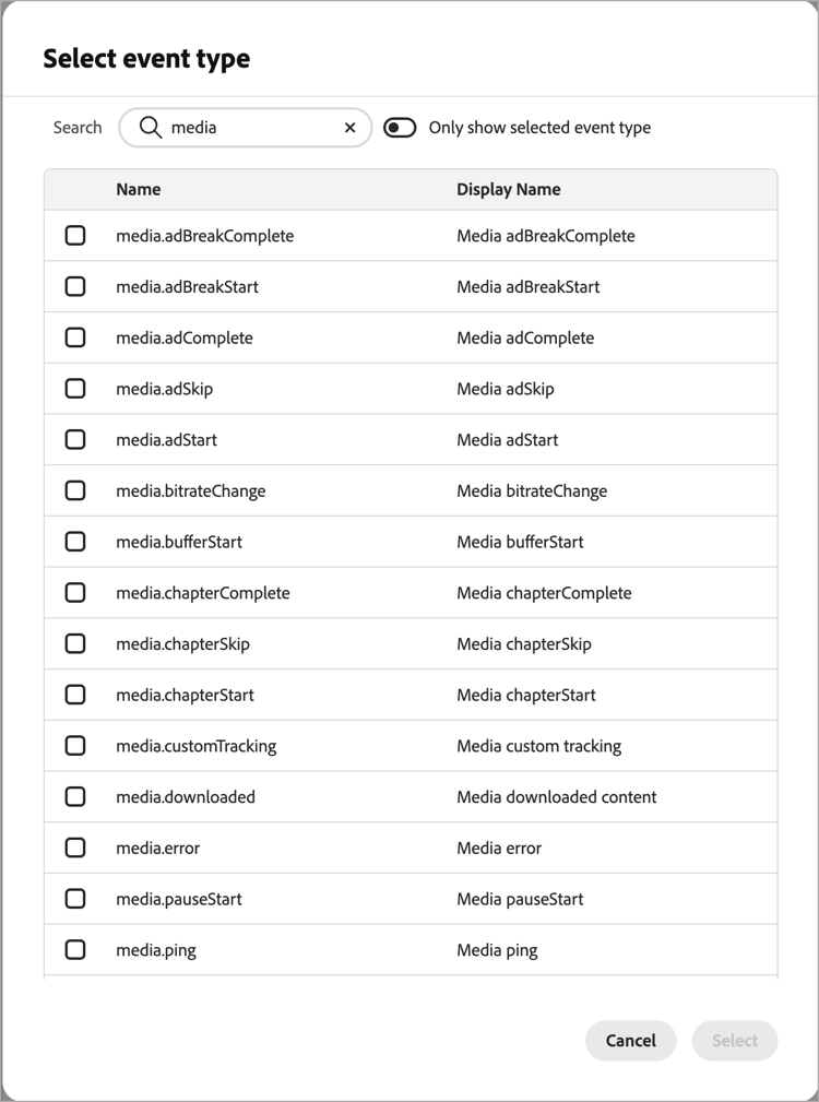Select event type dialog