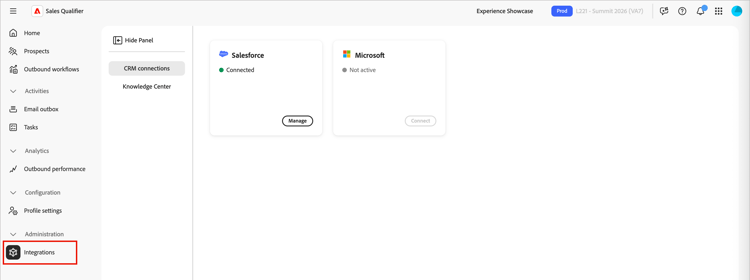 Integrations page with Salesforce and Dynamics connection cards