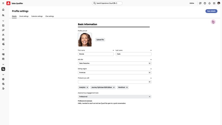 Details tab showing personal information, email, and chat availability settings for representatives
