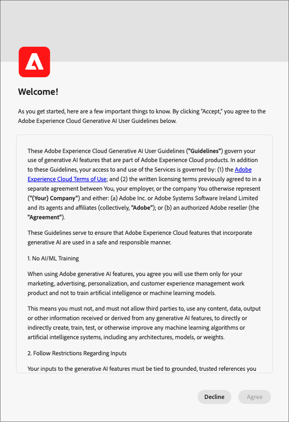 The first page of the user agreement.