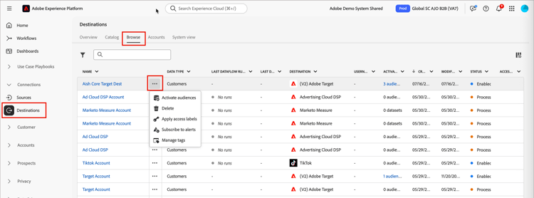 Experience Platform - destinations - browse Target destinations - more menu