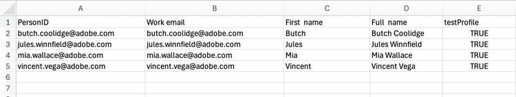 CSV file with sample test profile data