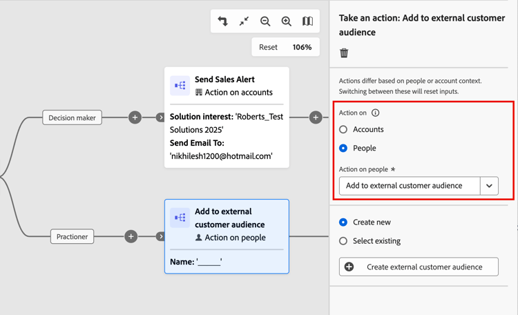 Journey node - take an action on people - add to external customer audience