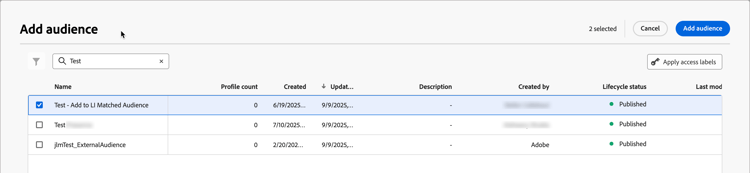 Take an action on people - add to external customer audience - add audience dialog