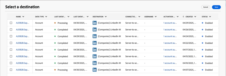 Journey node - take an action on accounts - activate to destination - select destination dialog