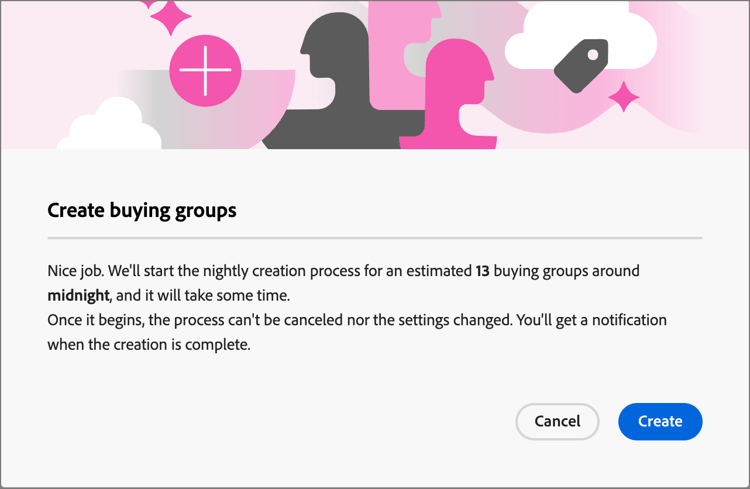 Create buying groups confirmation dialog