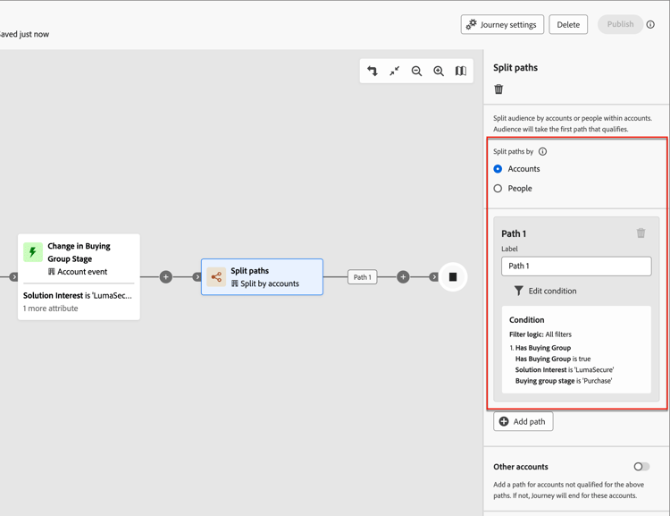 Journey split node properties