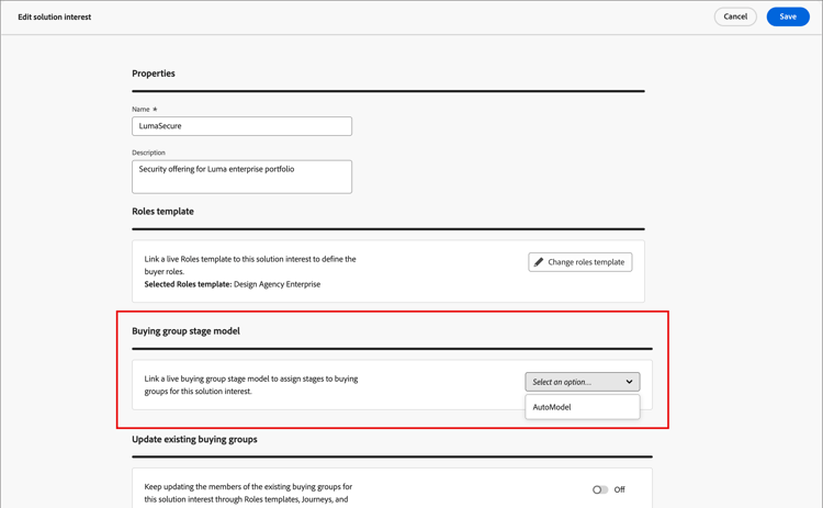 Select the buying groups stages model for the solution interest