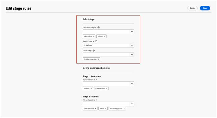 Configure the entry point stages and an optional failure stage