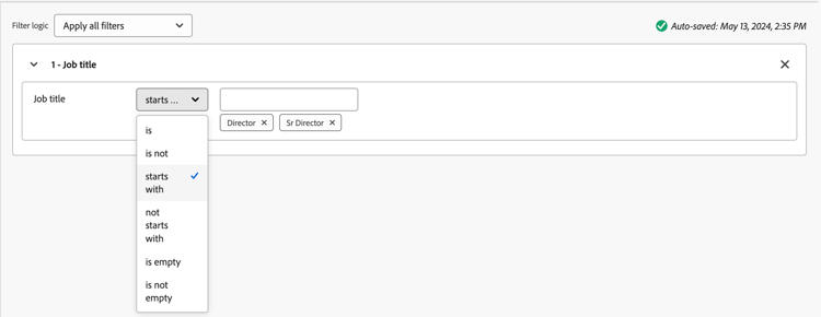 Roles template condition example using job title