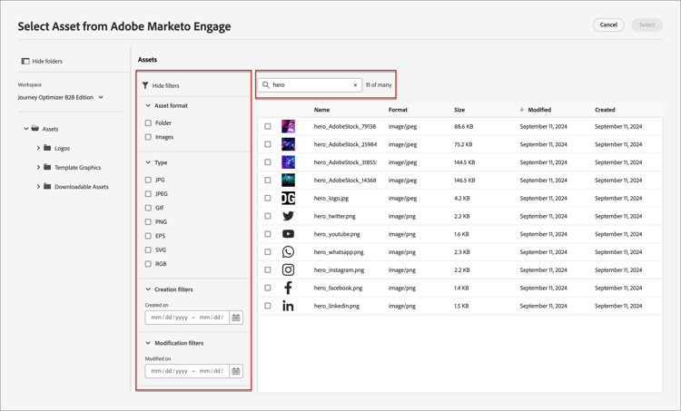 Use the filters and search field to find the asset that you need