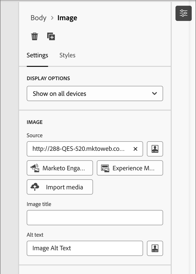 Edit the image component settings in the right panel